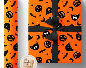 Orange Spooky Halloween Black Wrapping Paper Rolls (Eco Black Cat Pumpkin Halloween Gifts Holiday Recycled Sheets Gift Wraps) (Matte, Satin)