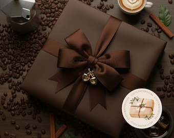 Papel de regalo navideño de lujo color marrón café expreso: elegantes hojas de papel artístico, acabado satinado o mate.