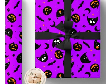 Paarse griezelige Halloween zwarte inpakpapierrollen (Eco Black Cat Pumpkin Halloween-cadeaus Vakantie gerecycleerde vellen cadeaupapier) (mat, satijn)
