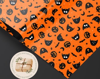 Rouleaux de papier cadeau orange effrayant Halloween noir (emballages-cadeaux de feuilles recyclées pour les fêtes de fin d'année) (mat, satiné)