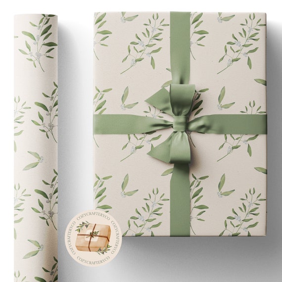 Vintage Beige Mistletoe Christmas Gift Wrapping Paper Rolls holiday Eco  Recycled Sheets Gift Wraps 