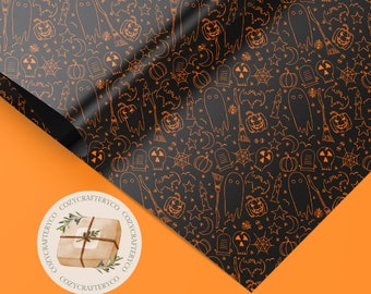 Rouleaux de papier cadeau Halloween orange et noir minimalistes (emballages cadeaux de feuilles recyclées pour Halloween, cadeaux d'Halloween écologiques) (mat, satin)