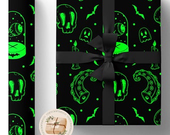 Green Spooky Halloween Black Wrapping Paper Rolls (Eco Spooky Ghosts Halloween Gifts Holiday Recycled Sheets Gift Wraps) (Matte, Satin)