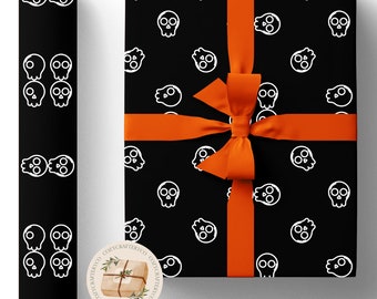 Rollos de papel de regalo con calavera en blanco y negro (respetuosos con el medio ambiente, regalos de Halloween negros espeluznantes, hojas recicladas para regalos) (mate, satinado)