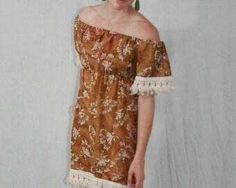 Kaftan mini-dress, off-shoulder or on, boho style, festival wear