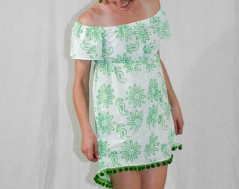 Kaftan mini-dress, pom-poms, off-shoulder or on, boho style, festival wear