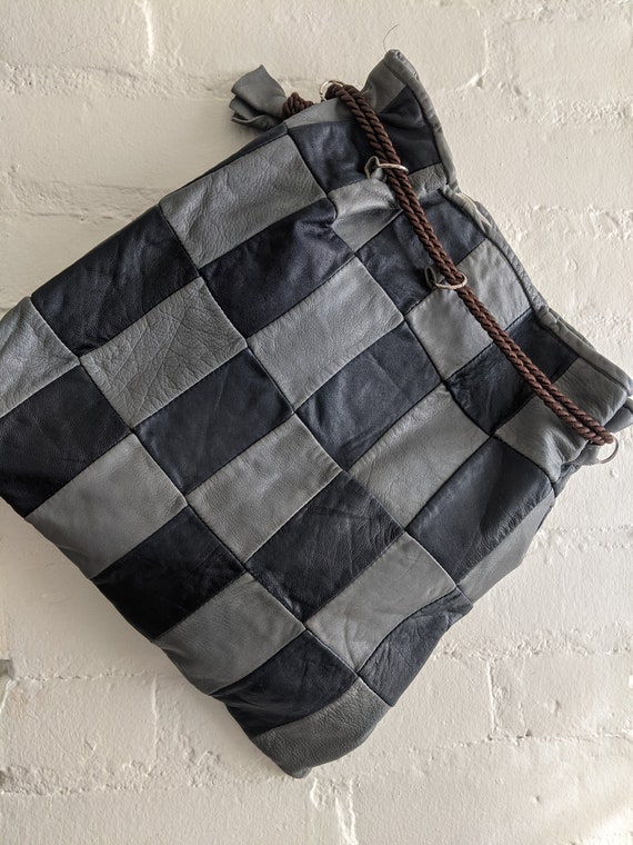 Vintage 70s Patchwork Leather Drawstring Purse: B… - image 2