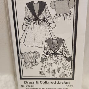 May include: Black and white illustration of a dress and collared jacket pattern. The dress features a flared skirt and a tie at the waist. The jacket has a contrasting collar and cuffs. The text reads "Dress & Collared Jacket" and "designed to fit 18" American Girl dolls."