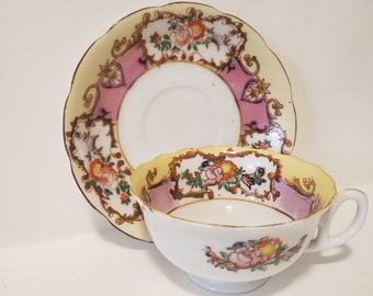 Vintage Hand Painted Floral Tea Cup and Saucer Set, Wide Mouth