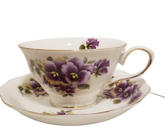 Wide Mouth Purple Pansy Tea Set Grace Porcelain Tea Cup Scallop Edge Saucer Purple Pansy Floral with Yellow Accent and Gold Gilt Mothers Day