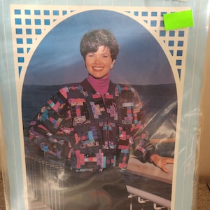May include: A sewing pattern for a Log Wild Jacket, featuring a woman wearing a colourful patchwork jacket. The pattern is from Back Porch Press and includes sizes 8-10, 12-14, 16-18, 20-22.