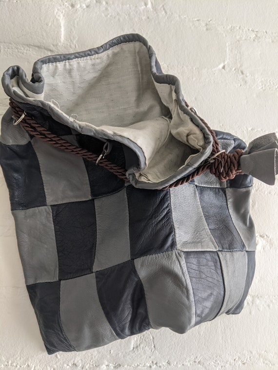 Vintage 70s Patchwork Leather Drawstring Purse: B… - image 6