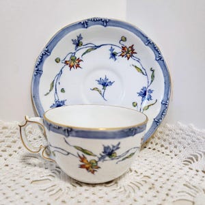 Royal Crown Derby Tea Cup Saucer 1920s Hand Decorated Cobalt Blue Accent Delicate Antique Tea Cups Collectable Display China for Mom