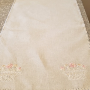 Vintage hand made linen table runner Hand embroidered flower basket White Linen Table runner hand finished blue stitch frame Hand embroidery