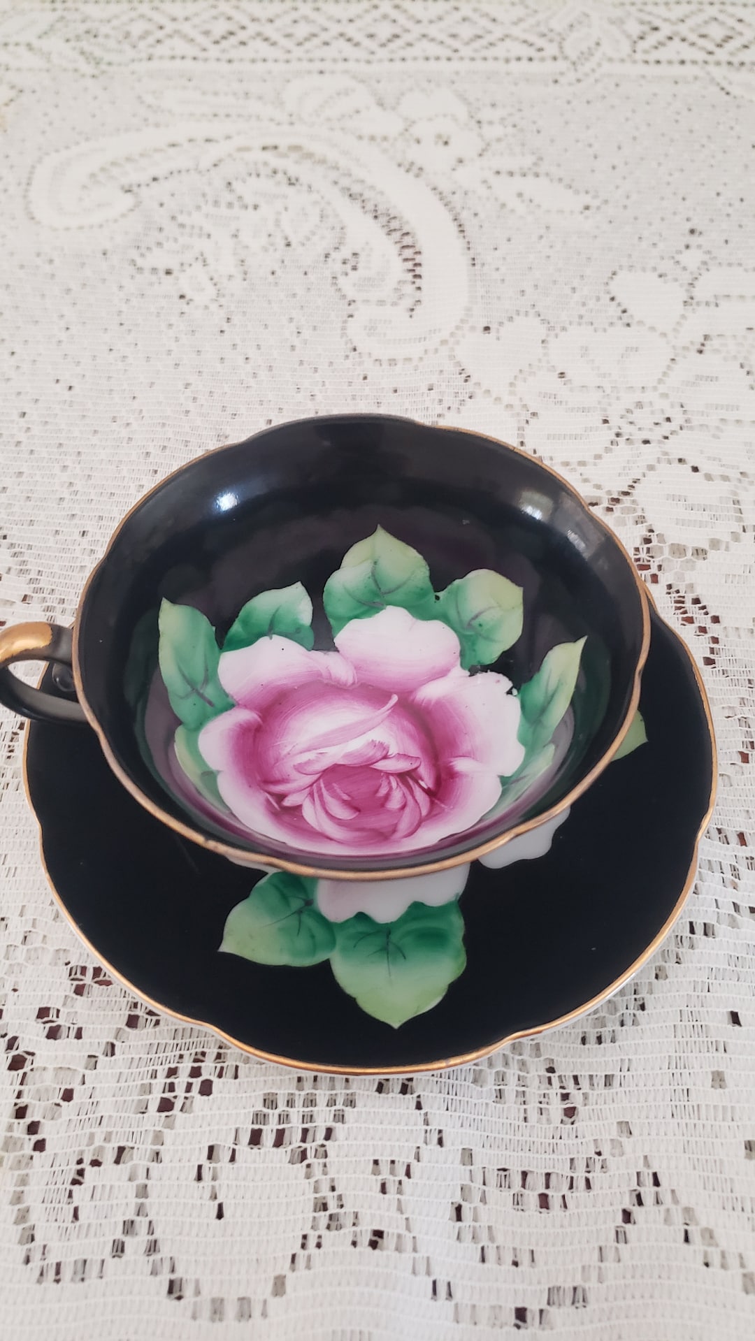 Hand Painted Tea Set Occupied Japan Black Tea Cup With Large Pink Lotus