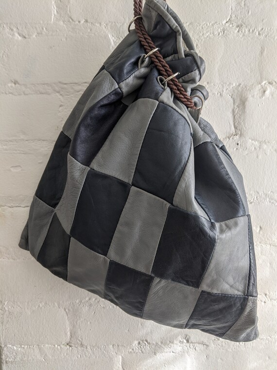 Vintage 70s Patchwork Leather Drawstring Purse: B… - image 7