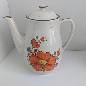 Speckled Valencia Tea Pot with Bright Orange Flowers 70s Coffee Pot 6 Cup Coffee or Tea Pot Valencia Tea Pot Stoneware KitchenWare TeaPot