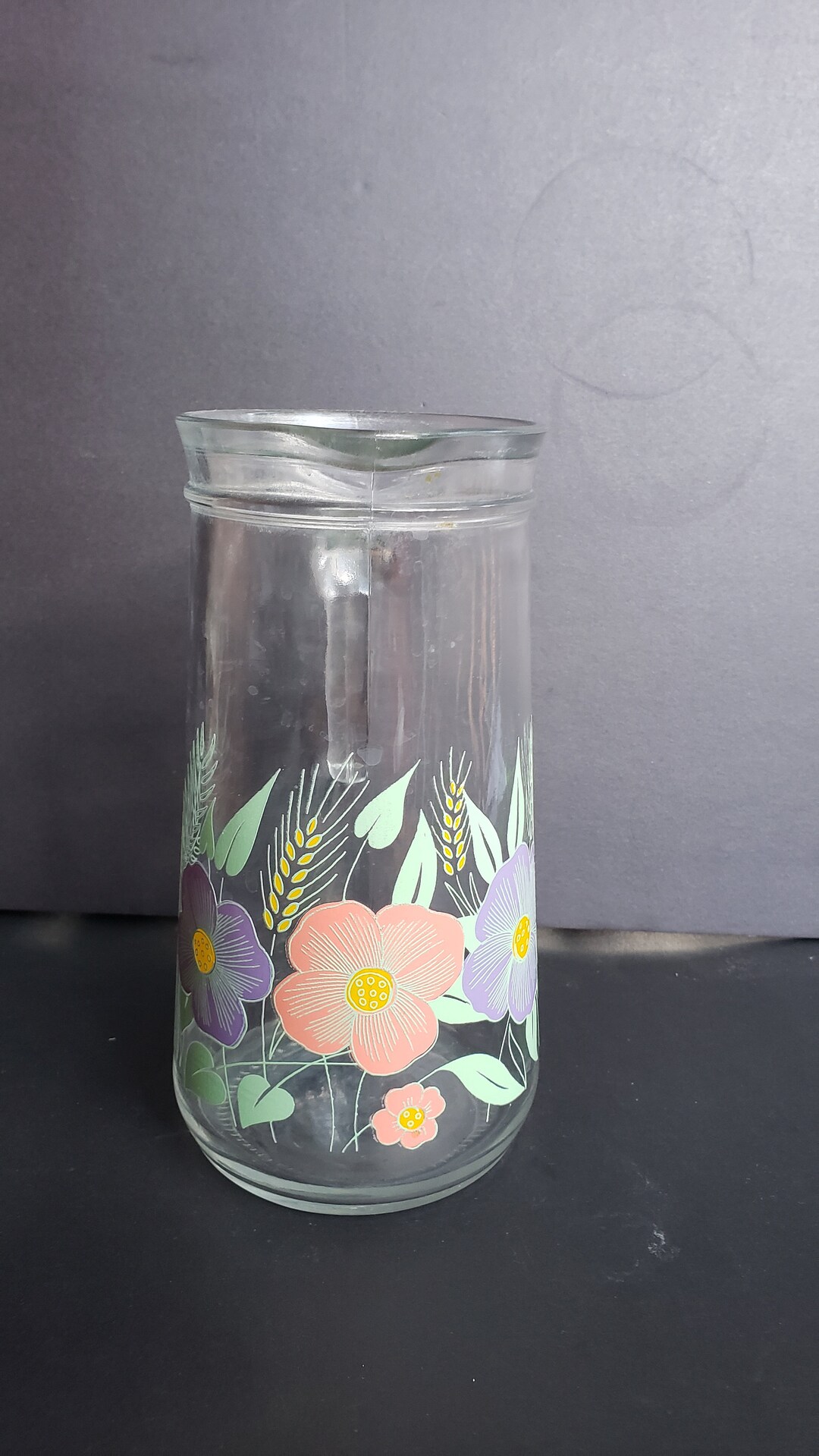 Vintage Glass Water Jug With Hand Painted Orange and Purple Etsy