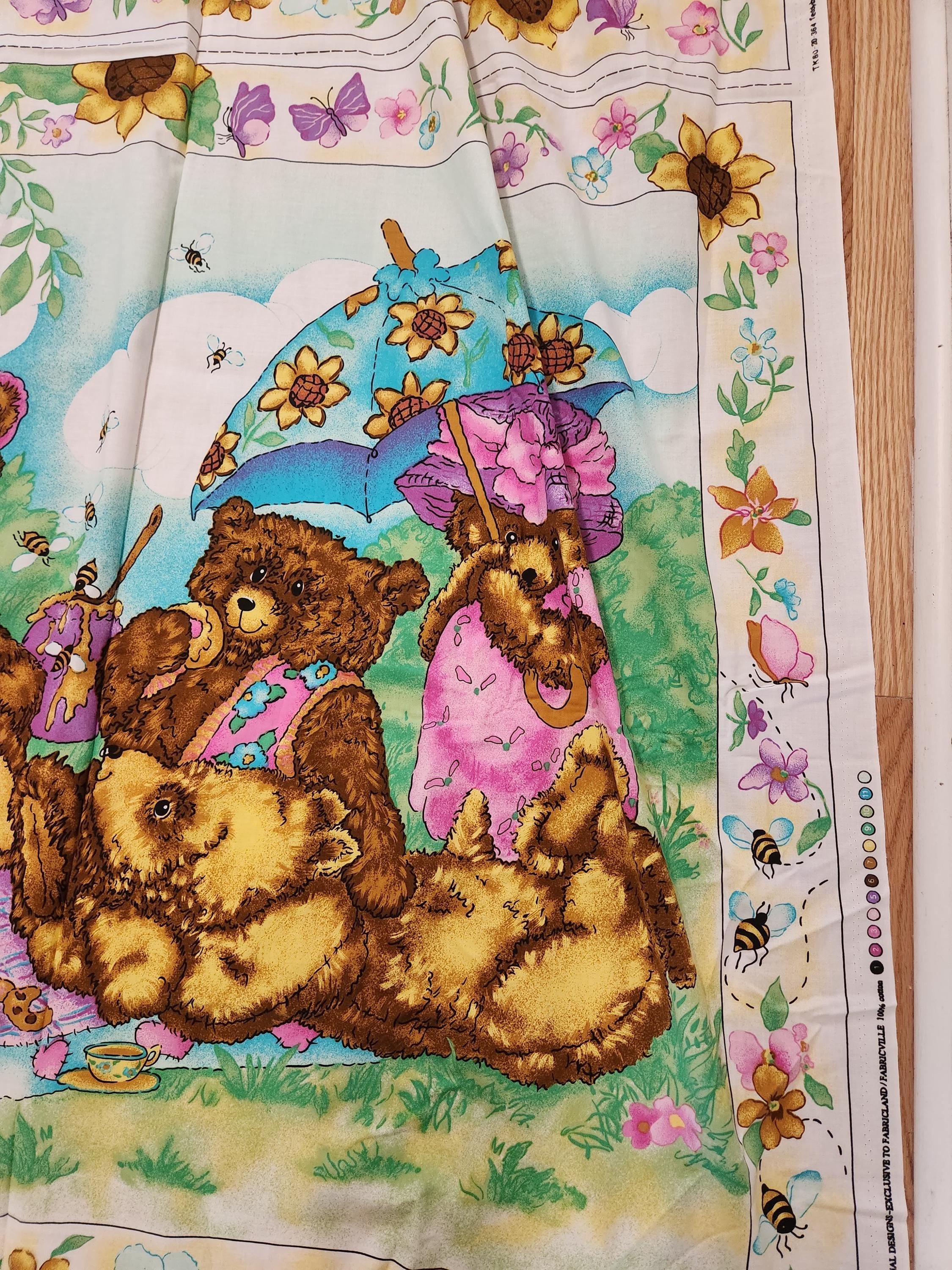 Teddy Bear Picnic Cotton Fabric: Bright Children's Decor Quilt