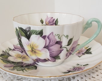 Scallop Shelly Tea Cup Pattern 2420 Blue Handle Shelly Tea Cup Purple White Morning Glory Floral Dainty China Shelly Mothers Day China Gift