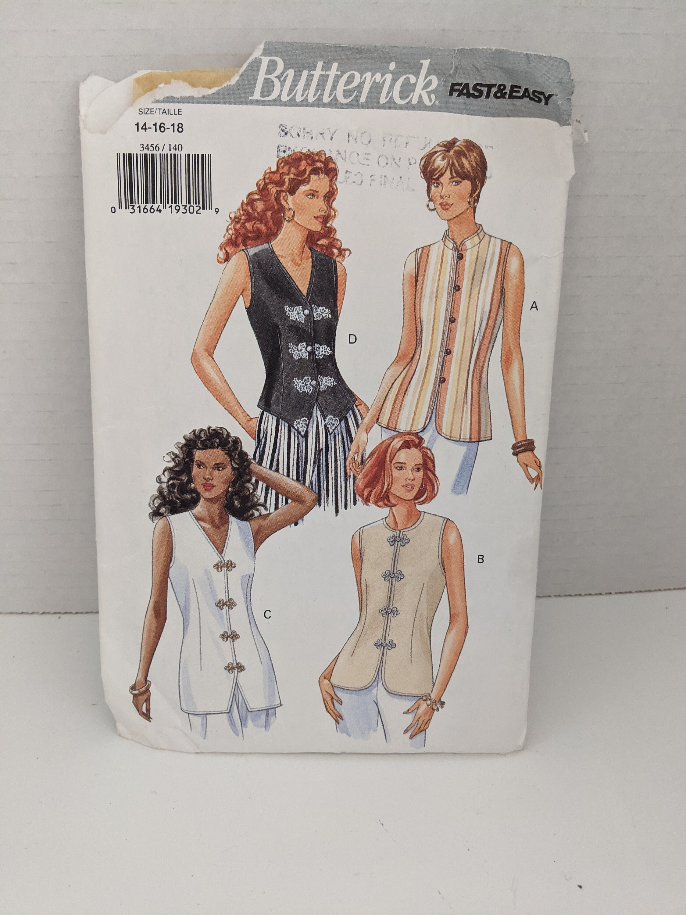 Butterick 5552 Complete Uncut Factory Folds Nine Fast /& Easy Women/'s Vests Vintage 90s Sewing Pattern