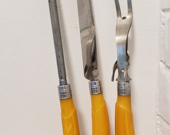 Vintage Fuller Brothers Carving Knife Set: Yellow Marble Bakelite Handles