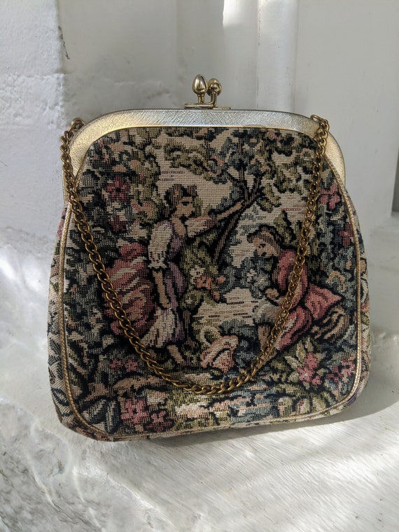 Vintage JR Miami Tapisserie Sac main avec bracelet en or
