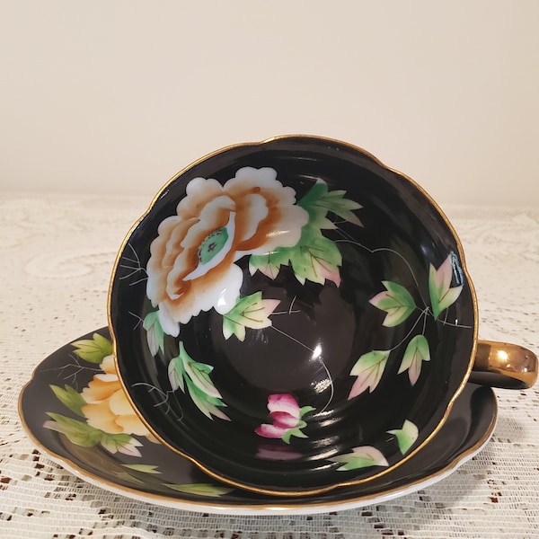 Black Tea Cup with Large Flowers Occupied Japan Tea Set Collectable Tea Cups from Japan Tea Cups That Pop Collecting Occupied Japan Tea Cups