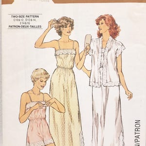 May include: Vintage sewing pattern featuring illustrations of three women in sleepwear. The pattern includes a long nightgown, a short romper, and a matching robe. The word "Style" is printed in large letters at the top of the pattern.