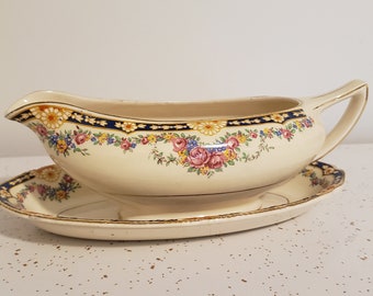 Vintage Gravy Boat with Tray John Maddock and Sons Royal Ivory Floral Gravy Boat