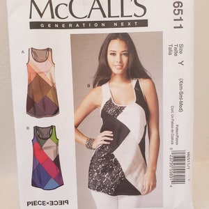 May include: McCall's Generation Next M6511 sewing pattern. The pattern features a tank top design with geometric color block panels. The package includes a photo of a woman wearing the tank top. Size Y (Xsm-Sml-Med) is indicated.