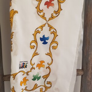 Italian Roma Scarf Polyester White Scarf  Gold Trim and Colourful bird like Boarder Large Square Silky Scarf Memories of Roma Gift Mom Dad