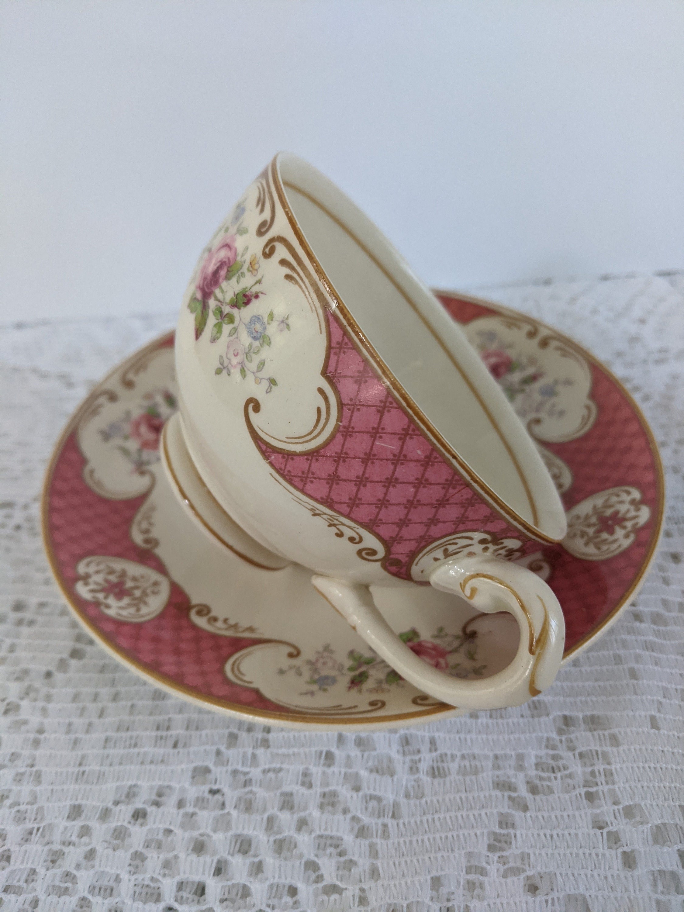 Pink Rosebud Myott Staffordshire Tea Cup and Saucer 5657