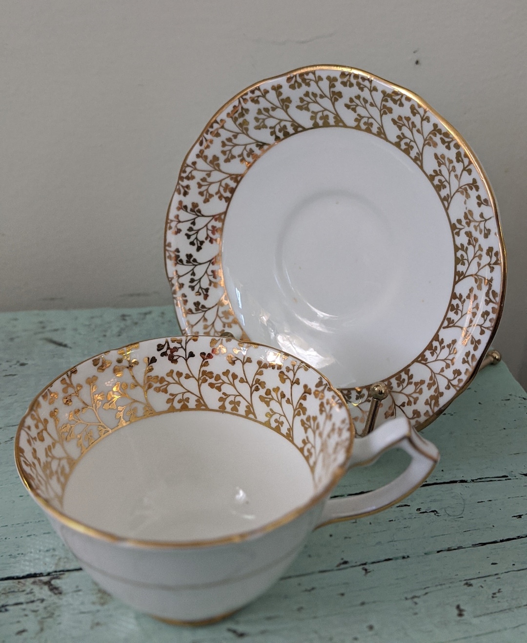 Gladstone Tea Set Gold and White Tea Cup With Saucer Shabby Chic Tea