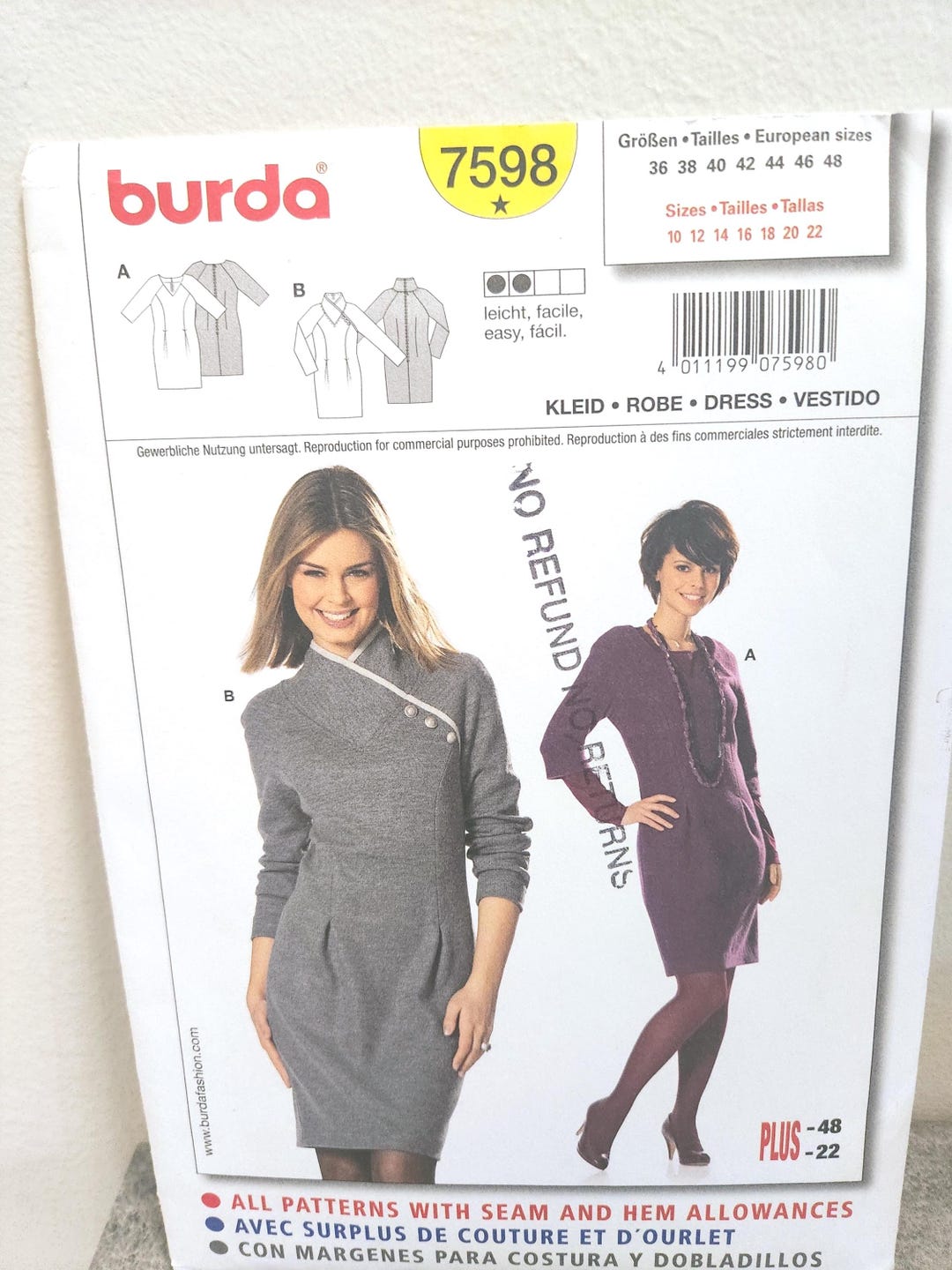 Burda 7598 Semi Fitted Dress UNCUT Size 10 to 22 - Etsy