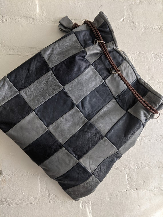 Vintage 70s Patchwork Leather Drawstring Purse: B… - image 4