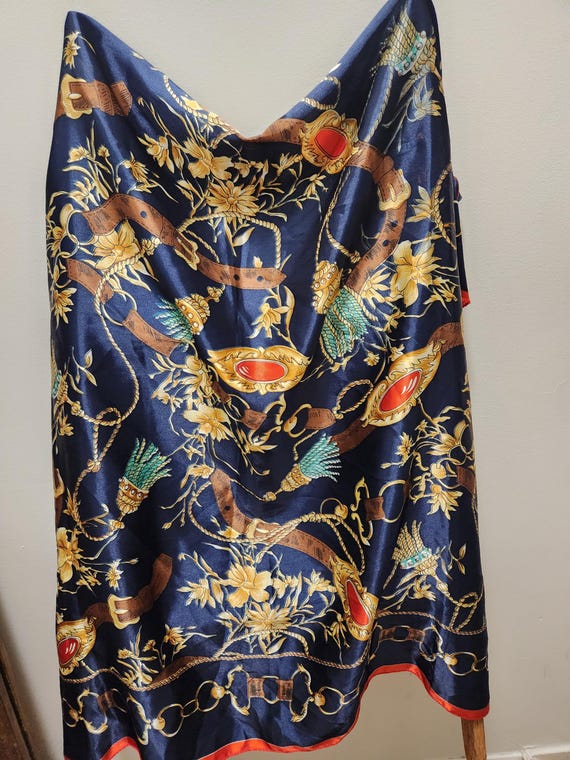 Large Blue Satin Scarf: Gold Chain & Floral Print, 36