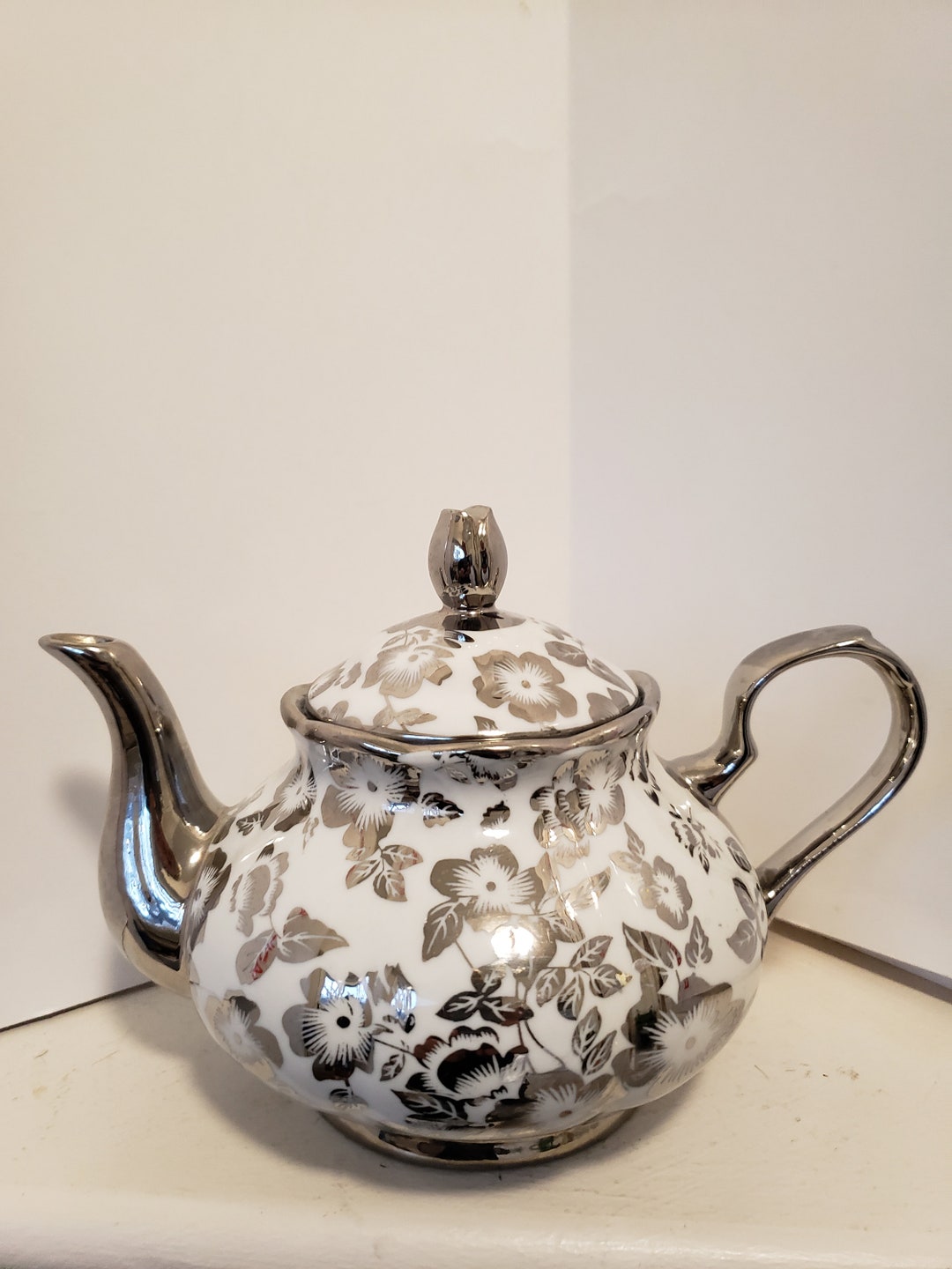 Verdici Design White Tea Pot With Heavy Silver Overlay Flower Etsy
