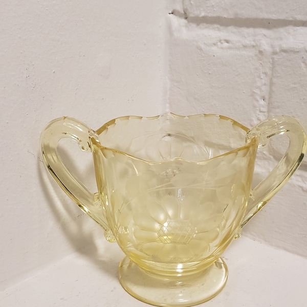 Vintage Yellow Etched Depression Glass Open Sugar Bowl With Double Handle 1930s Glass Kitchen Ware