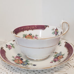 Royal Albert Vintage Bone China Tea Cup: Burgundy Floral, 1927