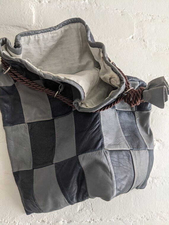 Vintage 70s Patchwork Leather Drawstring Purse: B… - image 9