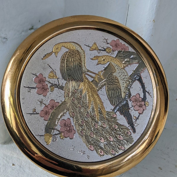 The Art of Chokin Vintage Peacock Trinket Round Container Vintage Peacocks Vintage Gold peacocks Vintage Trinket Container