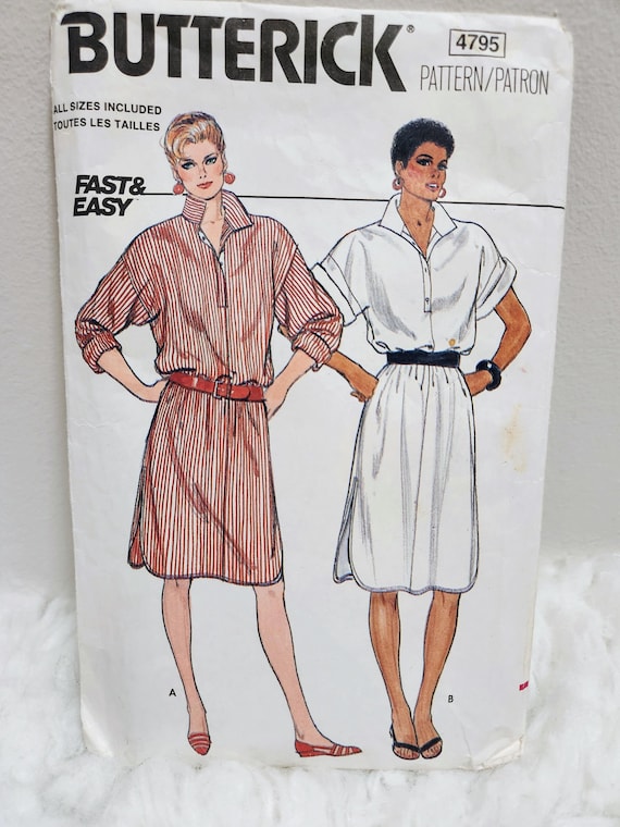 butterick shirt dress pattern 80s Butterick Shirt Dress Pattern 4795: All Sizes, Stand up Collar