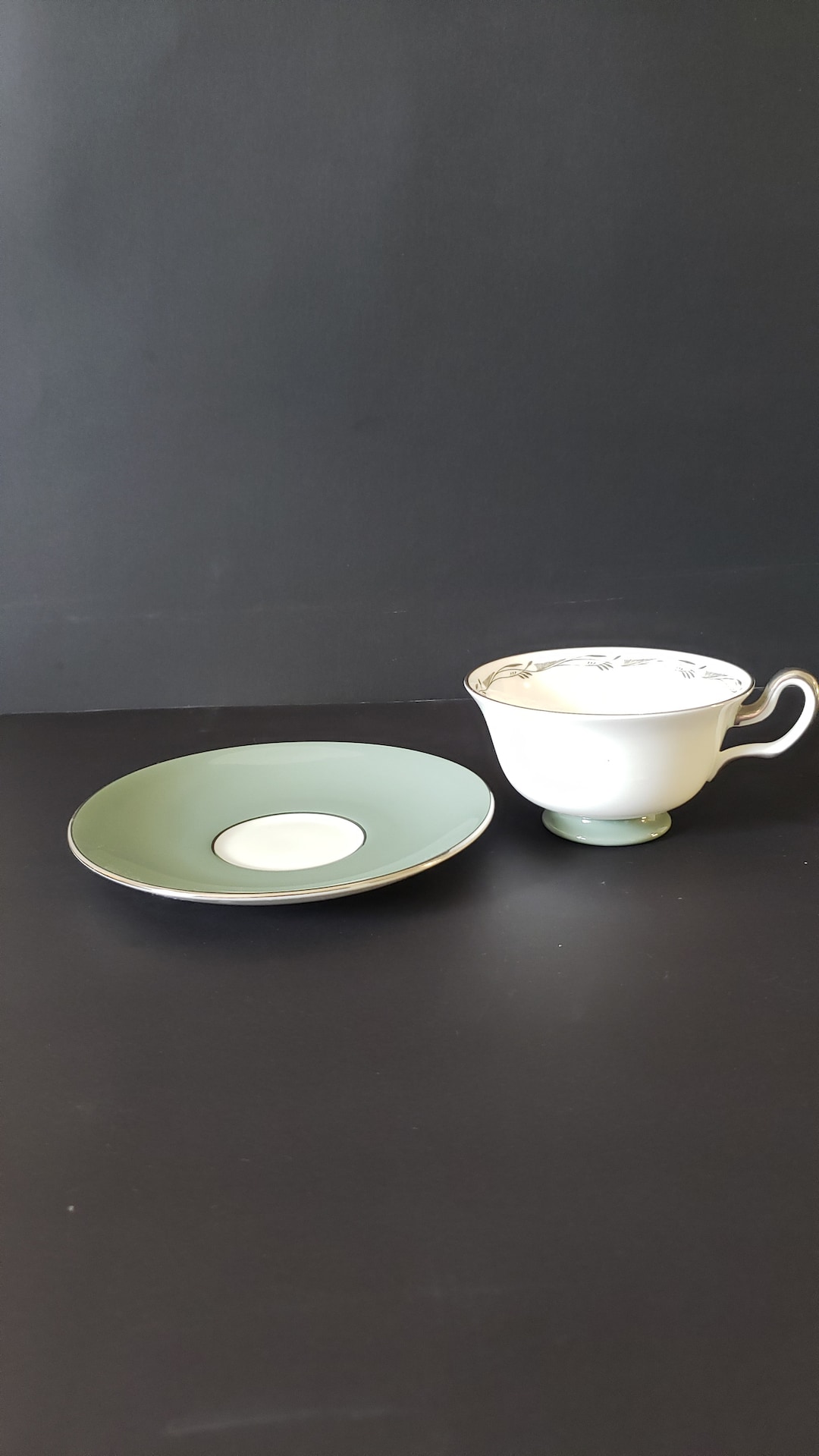 Wedgwood Tea Cup and Saucer White Tea Cup With Green Base and Green