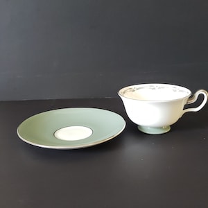 Vintage Wedgwood Tea Cup and Saucer: White & Green, Silver Accents