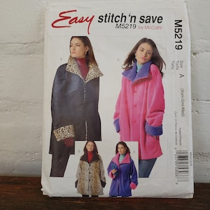 May include: A sewing pattern for a coat with a contrasting collar and cuffs. The pattern is for sizes X-Small, Small, and Medium. The pattern is from McCall's and is called "Easy Stitch 'n Save" M5219.