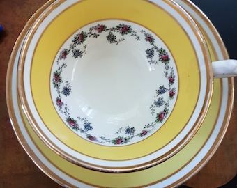 May include: A yellow teacup and saucer with a floral pattern and gold trim. The cup and saucer are both decorated with a band of yellow and a band of white.