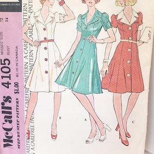 McCall's 4105 Dress Pattern: Puffed Sleeve Button Front - Size 12