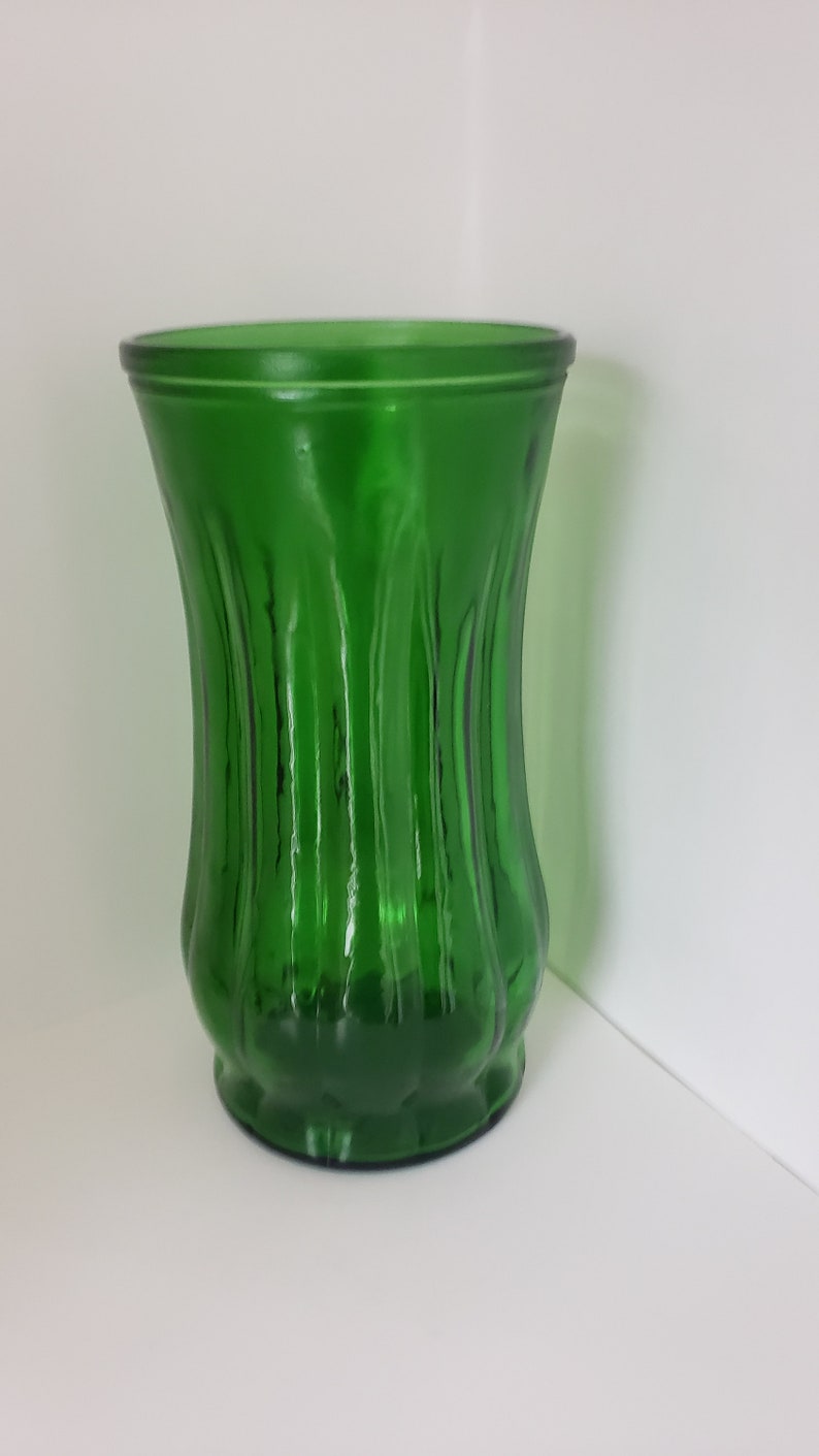 Green Glass Wide Mouth Vase Vintage Glass Home Decor Vertical Etsy