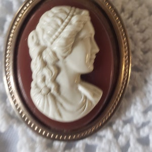 Vintage Resin Cameo Brooch: Gold Tone Frame, Reddish Brown